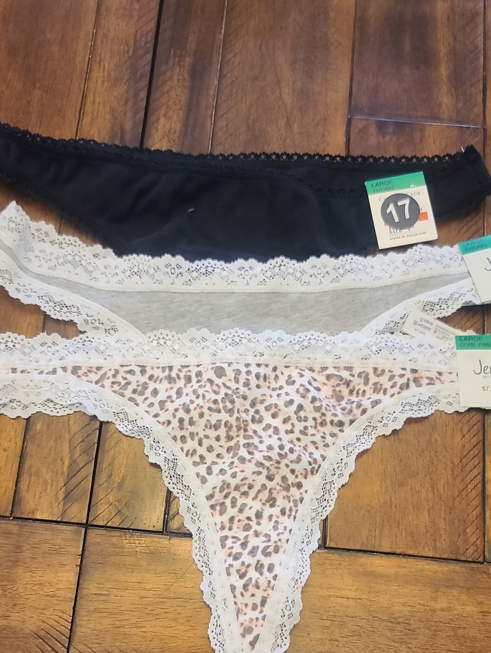 Jenni Lace-Trim Thongs in Black, Gray & Leopard